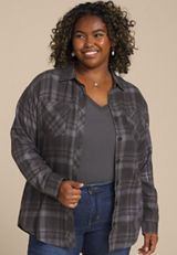 Plus Size Metallic Plaid Boyfriend Tunic Button Down Shirt, BLACK COMBO, small