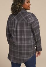 Plus Size Metallic Plaid Boyfriend Tunic Button Down Shirt, BLACK COMBO, small