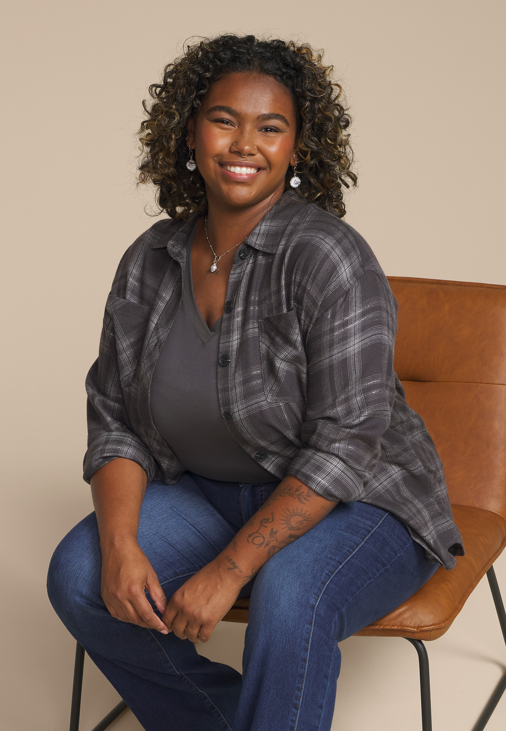 Plus Size Metallic Plaid Boyfriend Tunic Button Down Shirt, BLACK COMBO, large