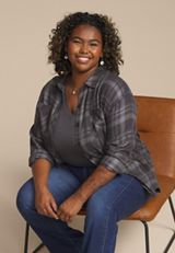 Plus Size Metallic Plaid Boyfriend Tunic Button Down Shirt, BLACK COMBO, small