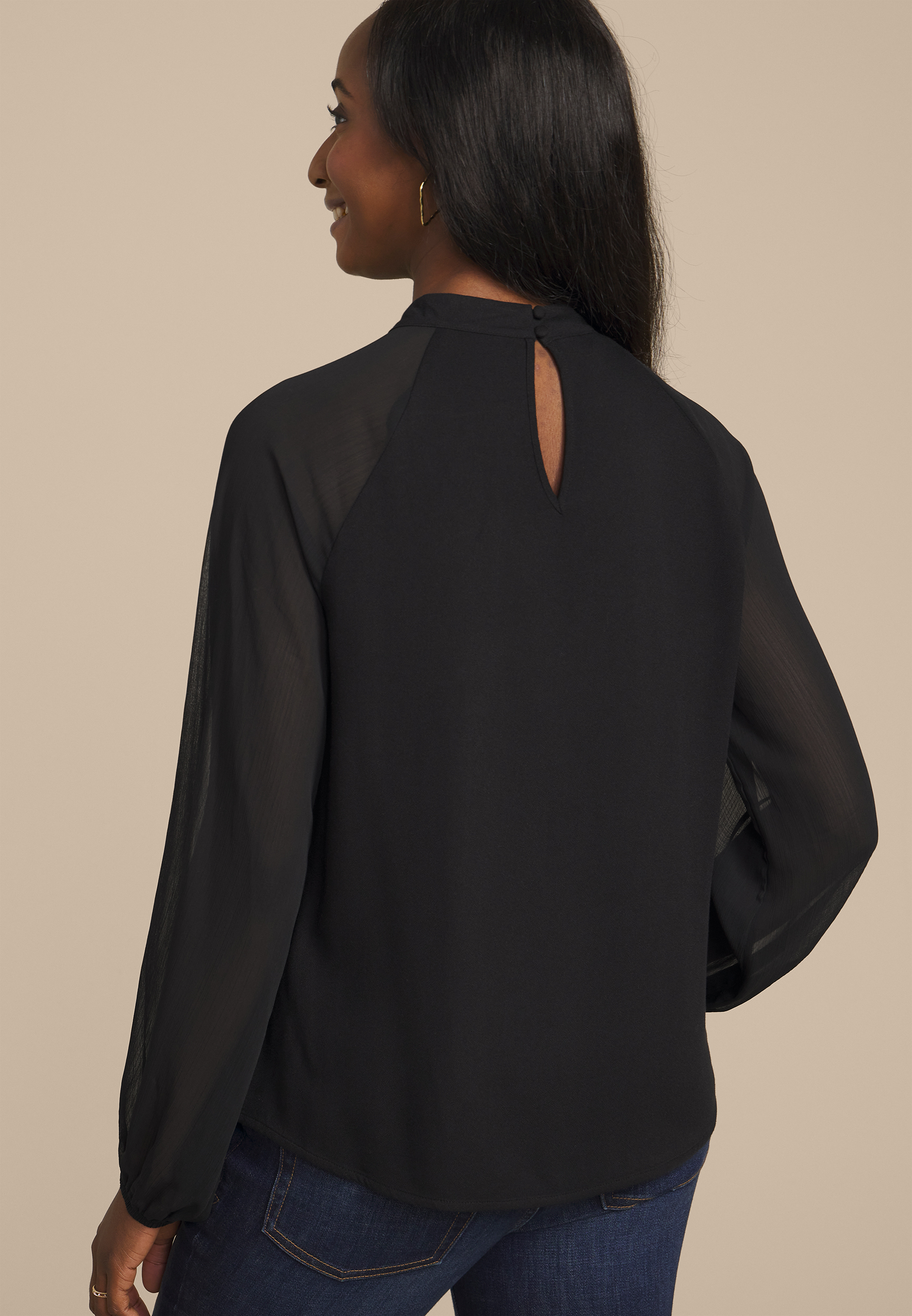 Mock Neck Long Sheer Sleeve Blouse, C106, large