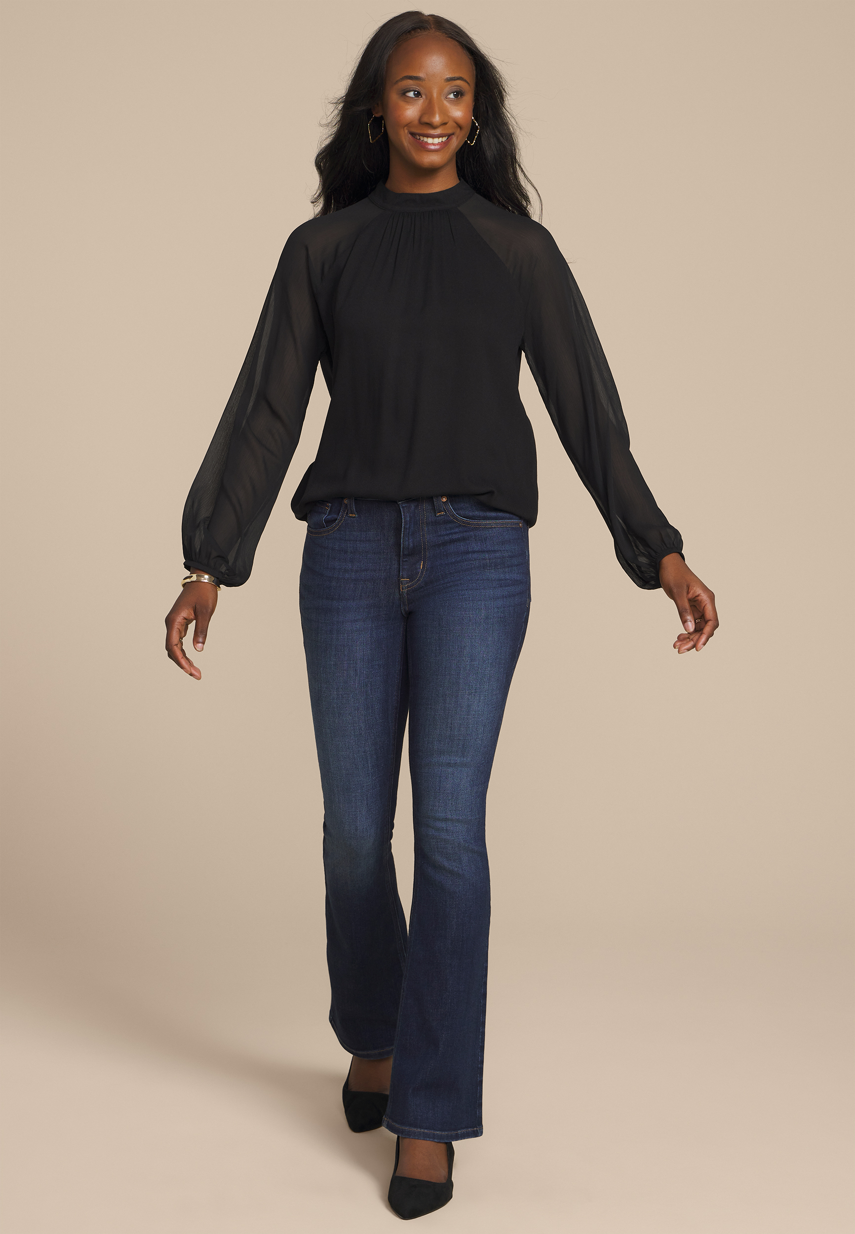 Mock Neck Long Sheer Sleeve Blouse, C106, large