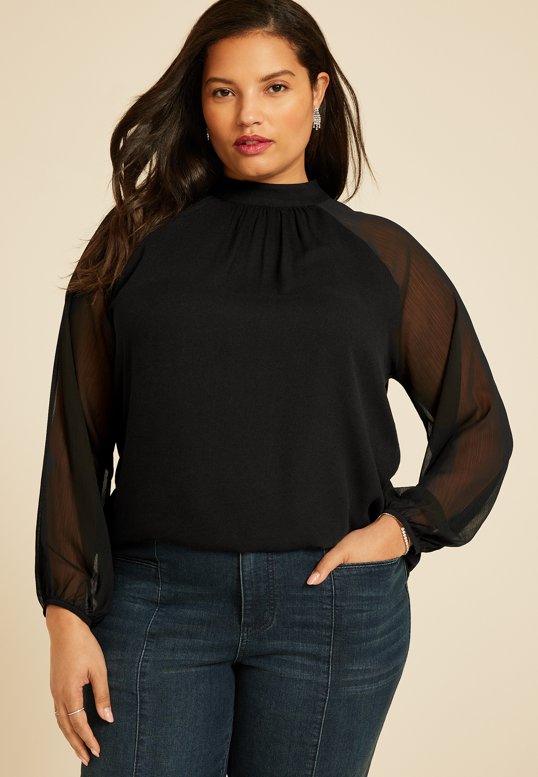Plus Size Mock Neck Long Sheer Sleeve Blouse