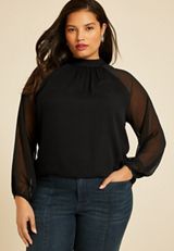 Plus Size Mock Neck Long Sheer Sleeve Blouse, C106, small
