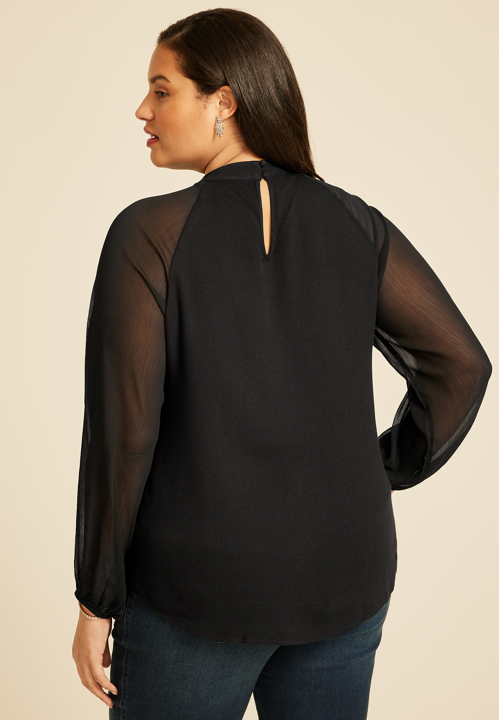 Plus Size Mock Neck Long Sheer Sleeve Blouse, C106, large