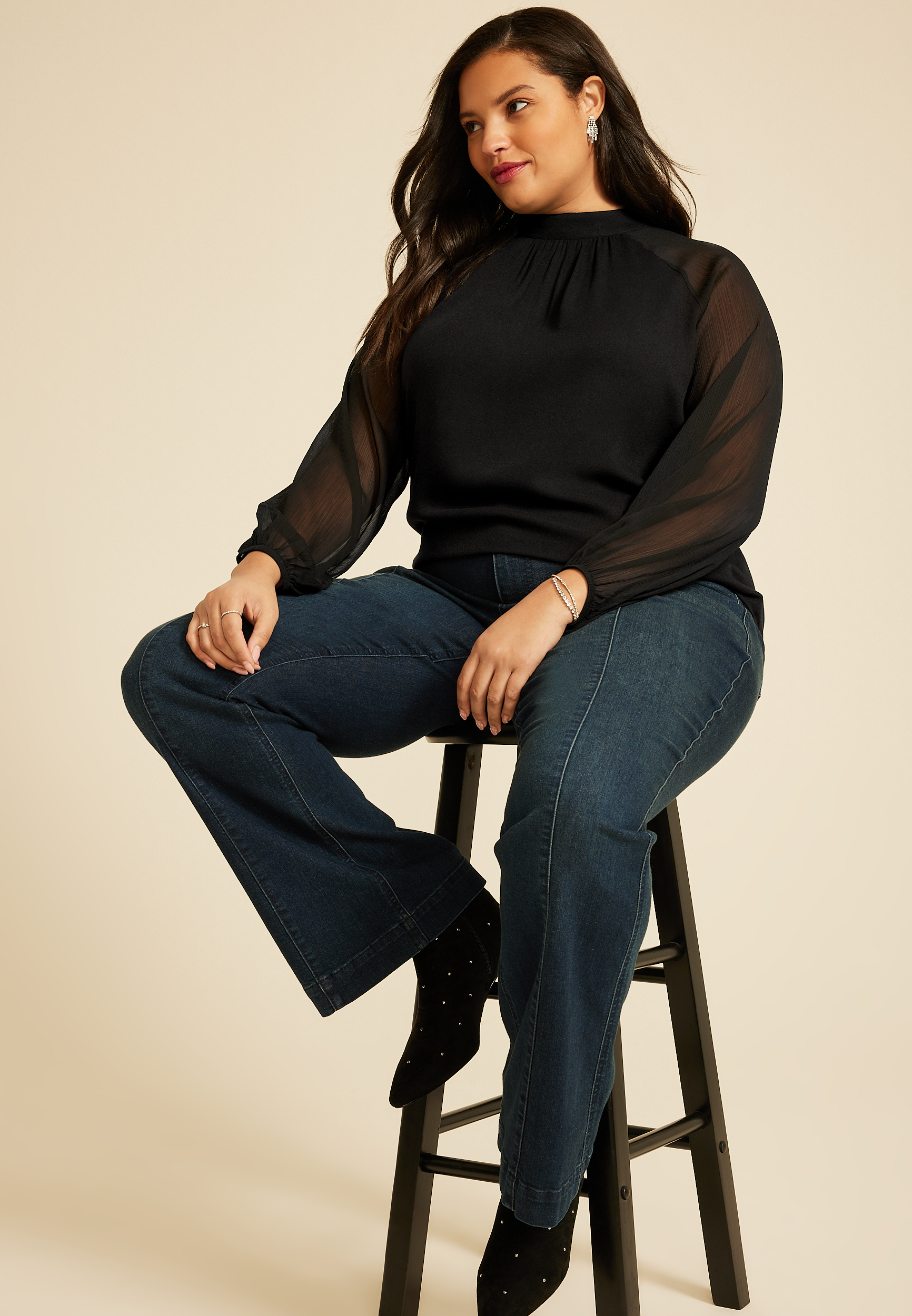 Plus Size Mock Neck Long Sheer Sleeve Blouse, C106, large