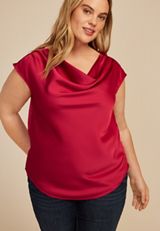 Plus Size Satin Cowl Neck Blouse, , small