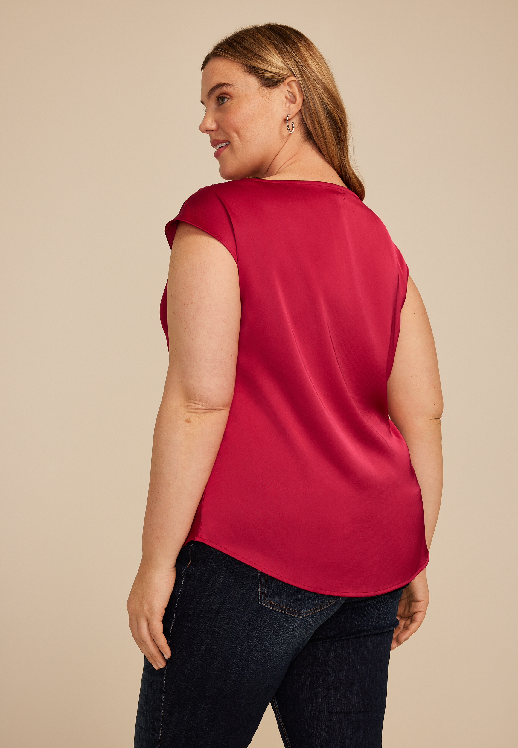 Plus Size Satin Cowl Neck Blouse, , large