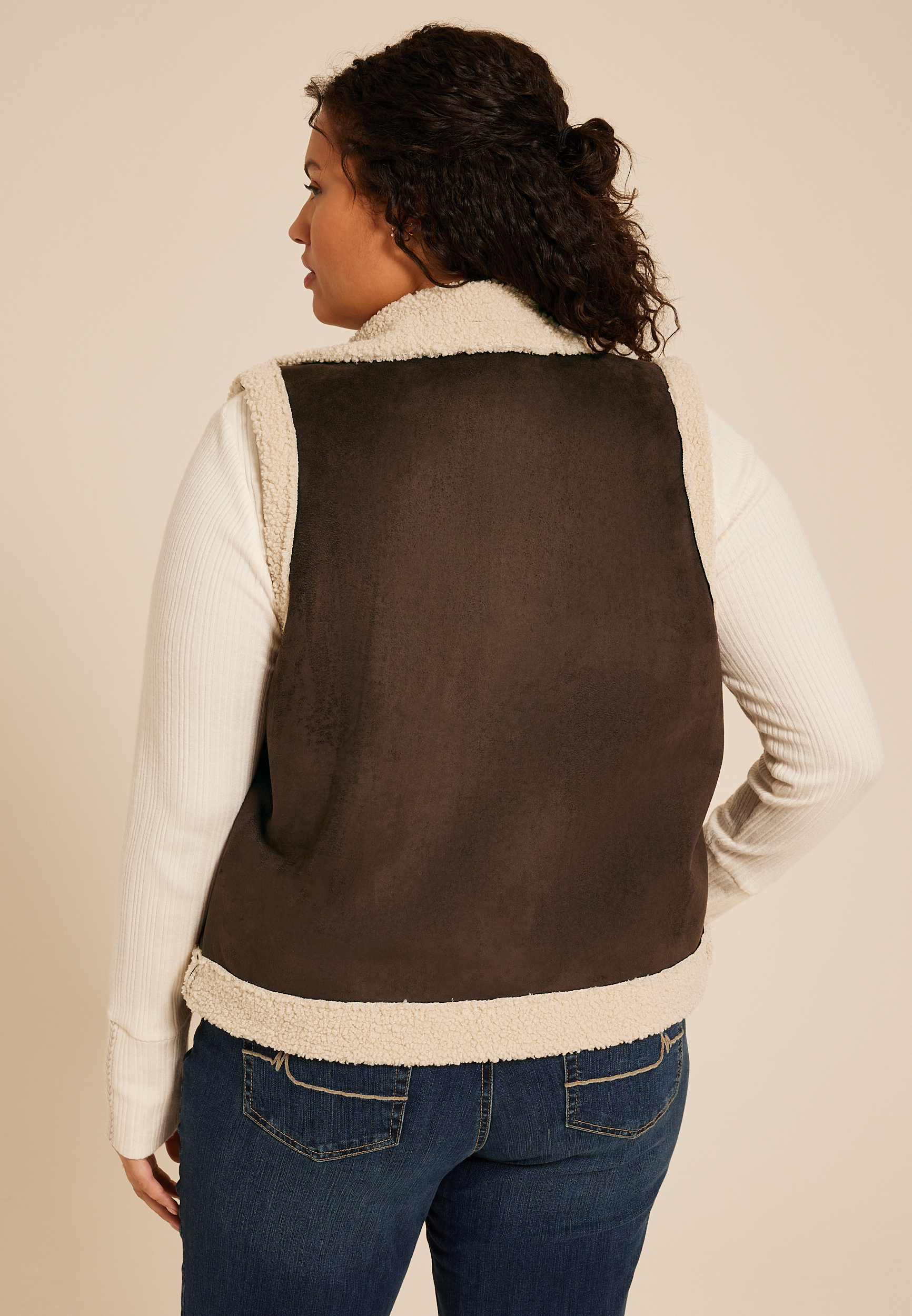 Plus Size Faux Suede Bonded Shearling Vest, , large