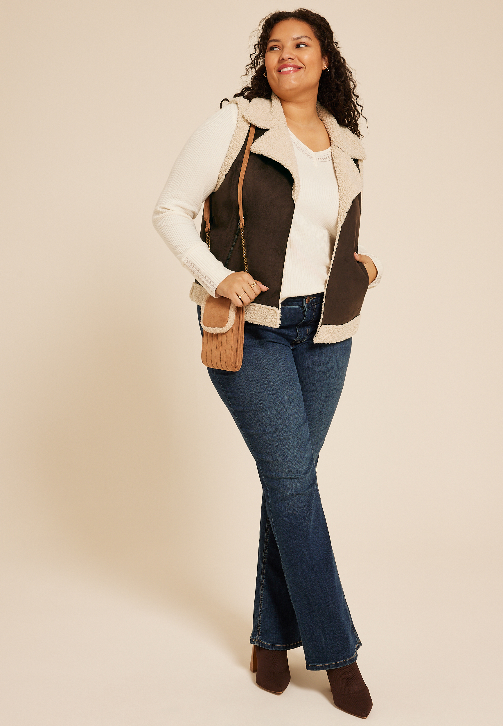 Plus Size Faux Suede Bonded Shearling Vest, , large