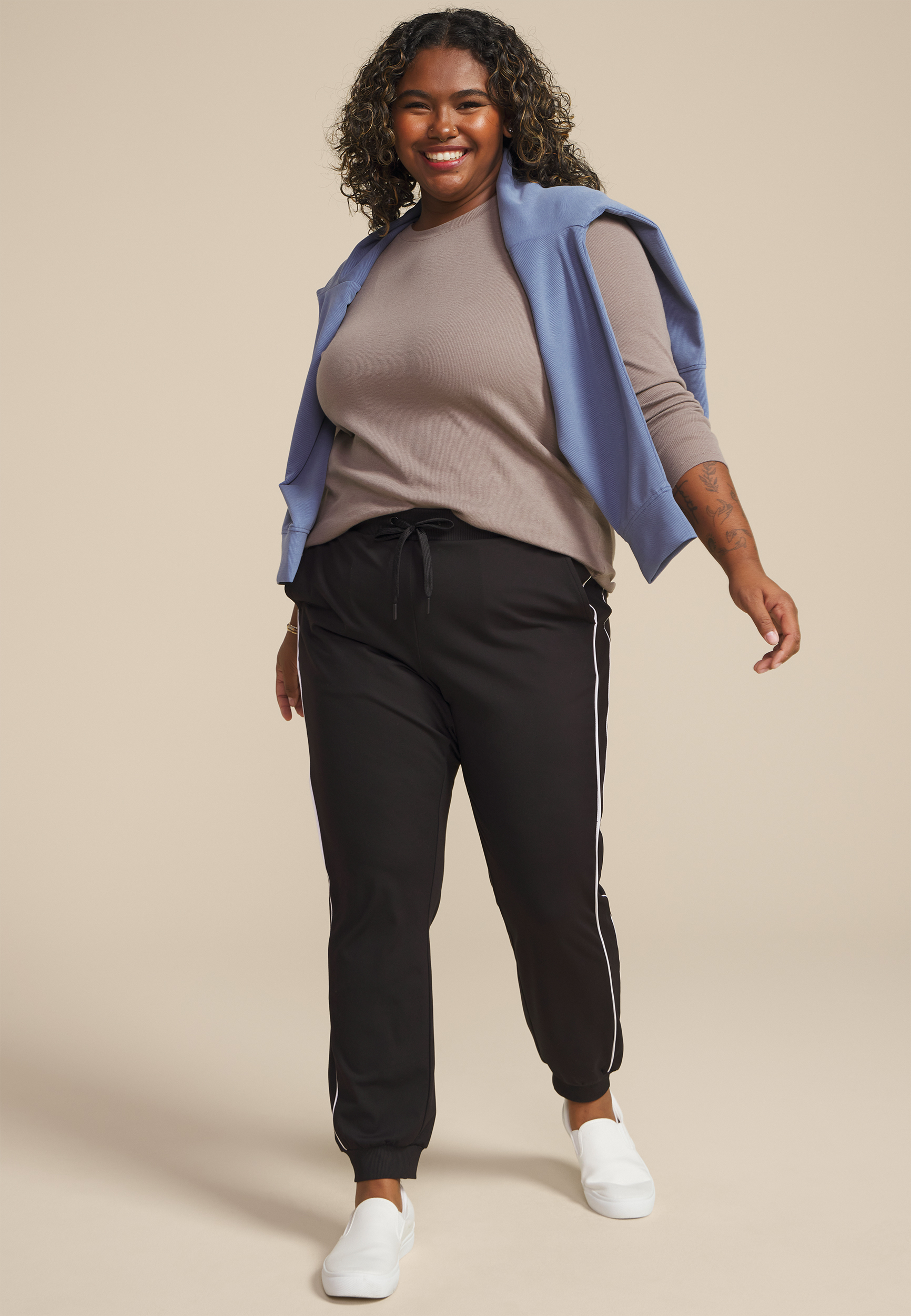 Plus Size High Rise Piping Traveler Pull On Pant, , large