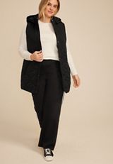 Plus Size Quilted Long Hooded Vest, BLACK, small
