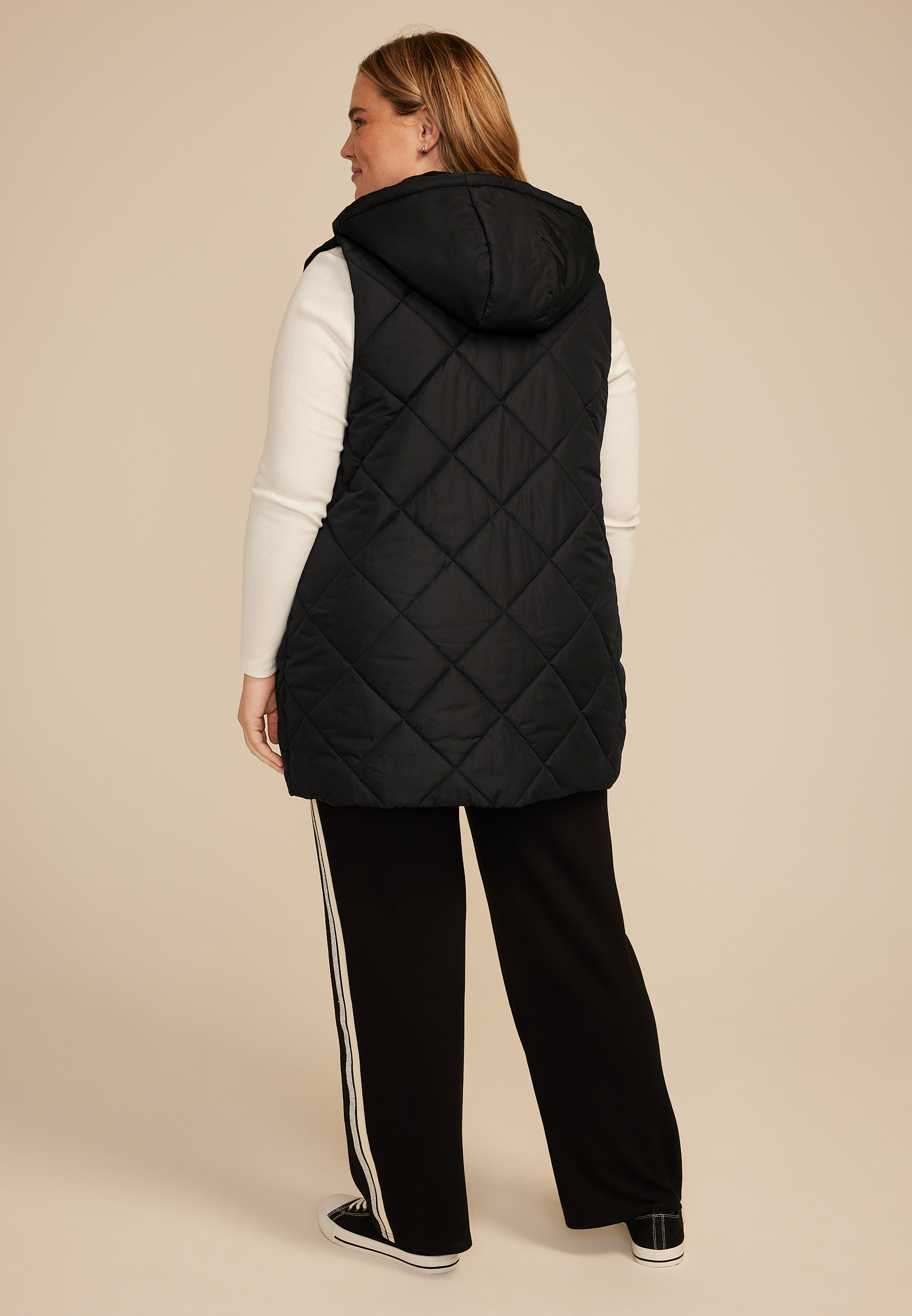 Plus Size Quilted Long Hooded Vest, BLACK, large
