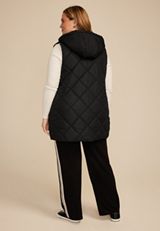 Plus Size Quilted Long Hooded Vest, BLACK, small