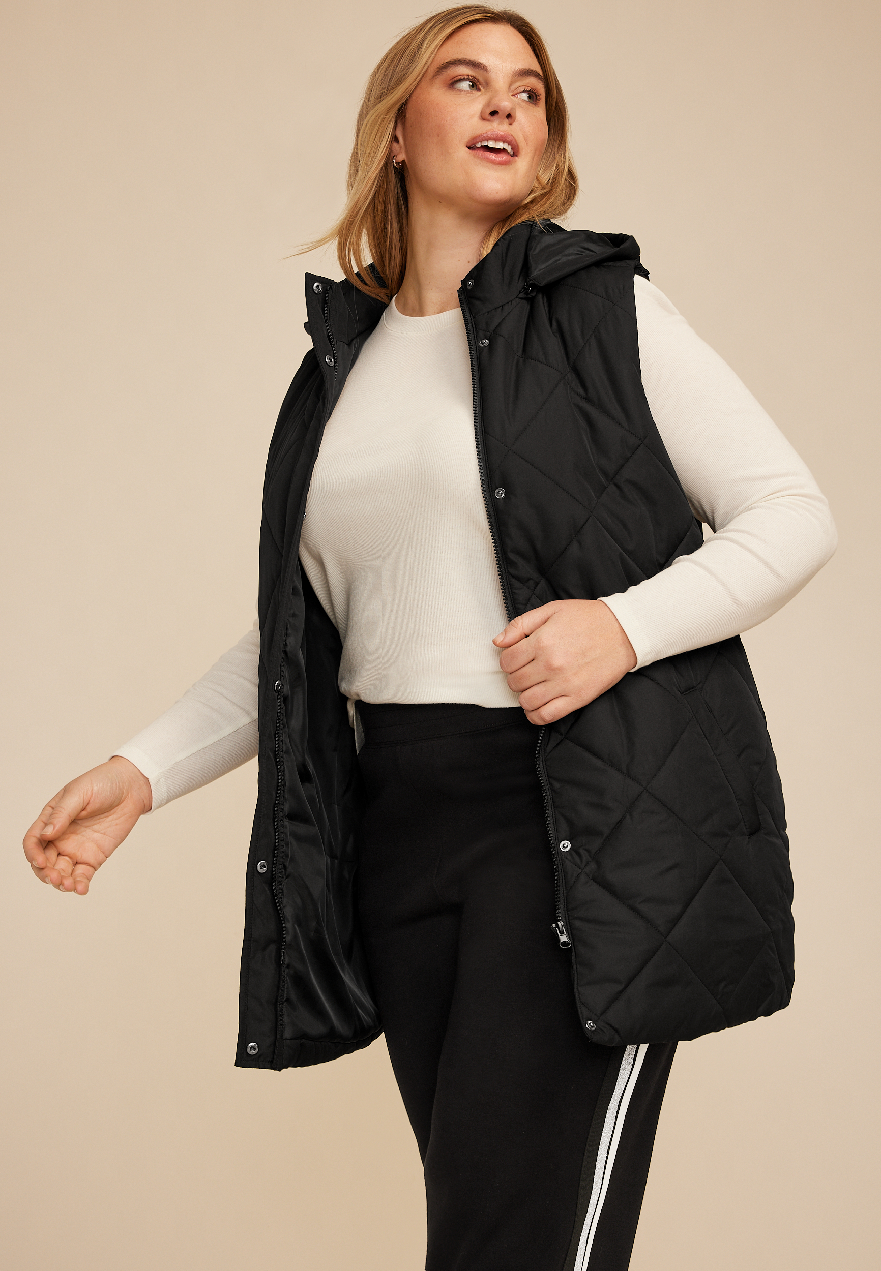 Plus Size Quilted Long Hooded Vest, BLACK, large