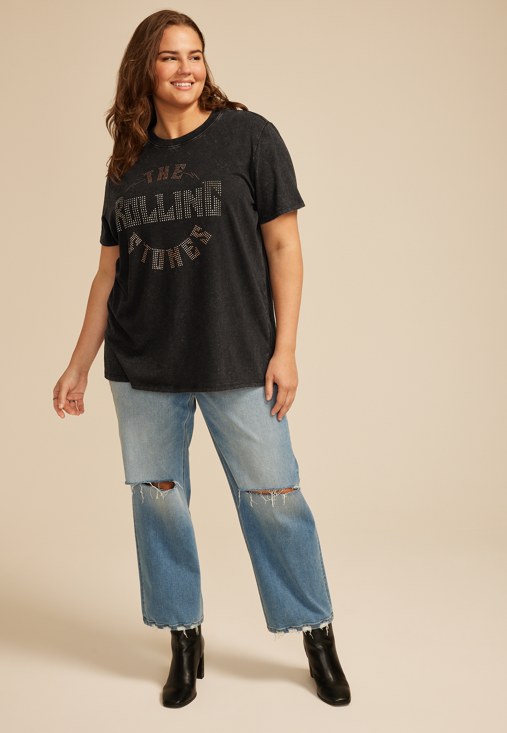 Plus Size The Rock Rolling Stones Rhinestone Oversized Fit Graphic Tee, C106, large