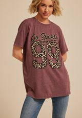 Go Sports Leopard Print Oversized Fit Graphic Tee, BURGUNDY, small