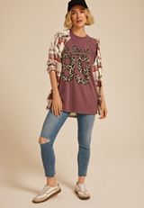 Go Sports Leopard Print Oversized Fit Graphic Tee, BURGUNDY, small