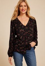 Floral V Neck Lace Button Front Blouse, C1756, small