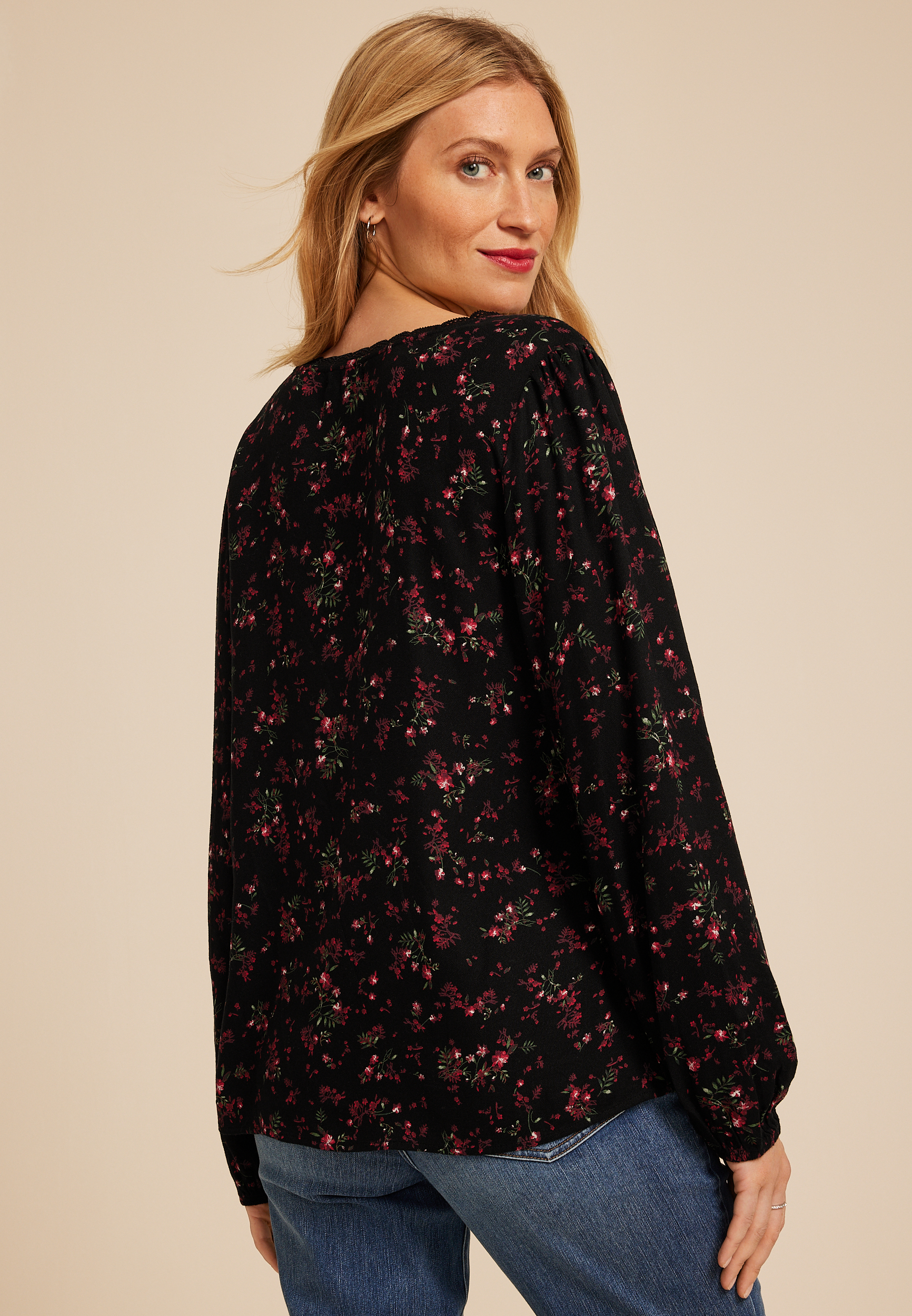 Floral V Neck Lace Button Front Blouse, C1756, large