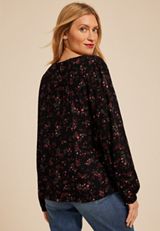 Floral V Neck Lace Button Front Blouse, C1756, small