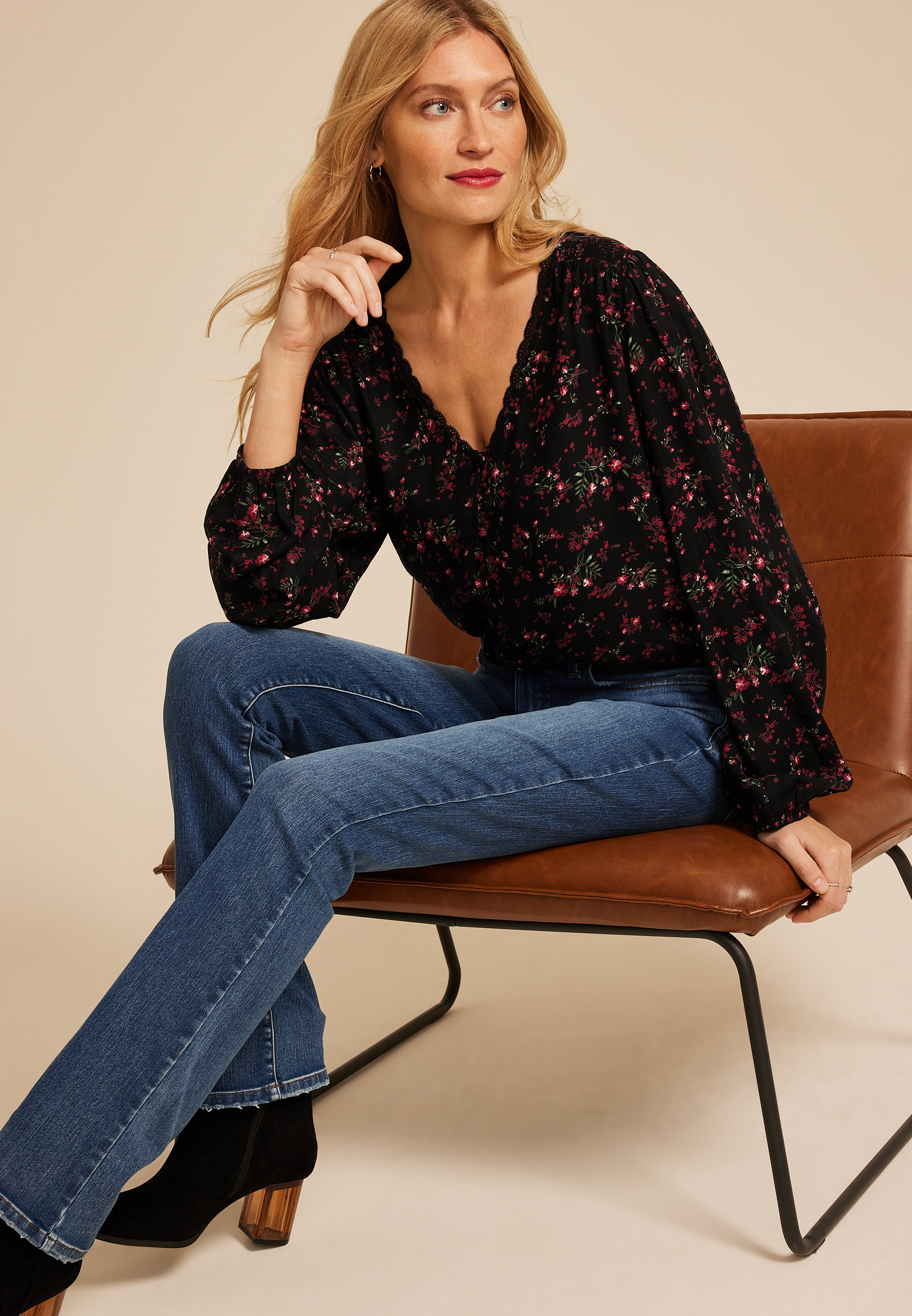 Floral V Neck Lace Button Front Blouse, C1756, large