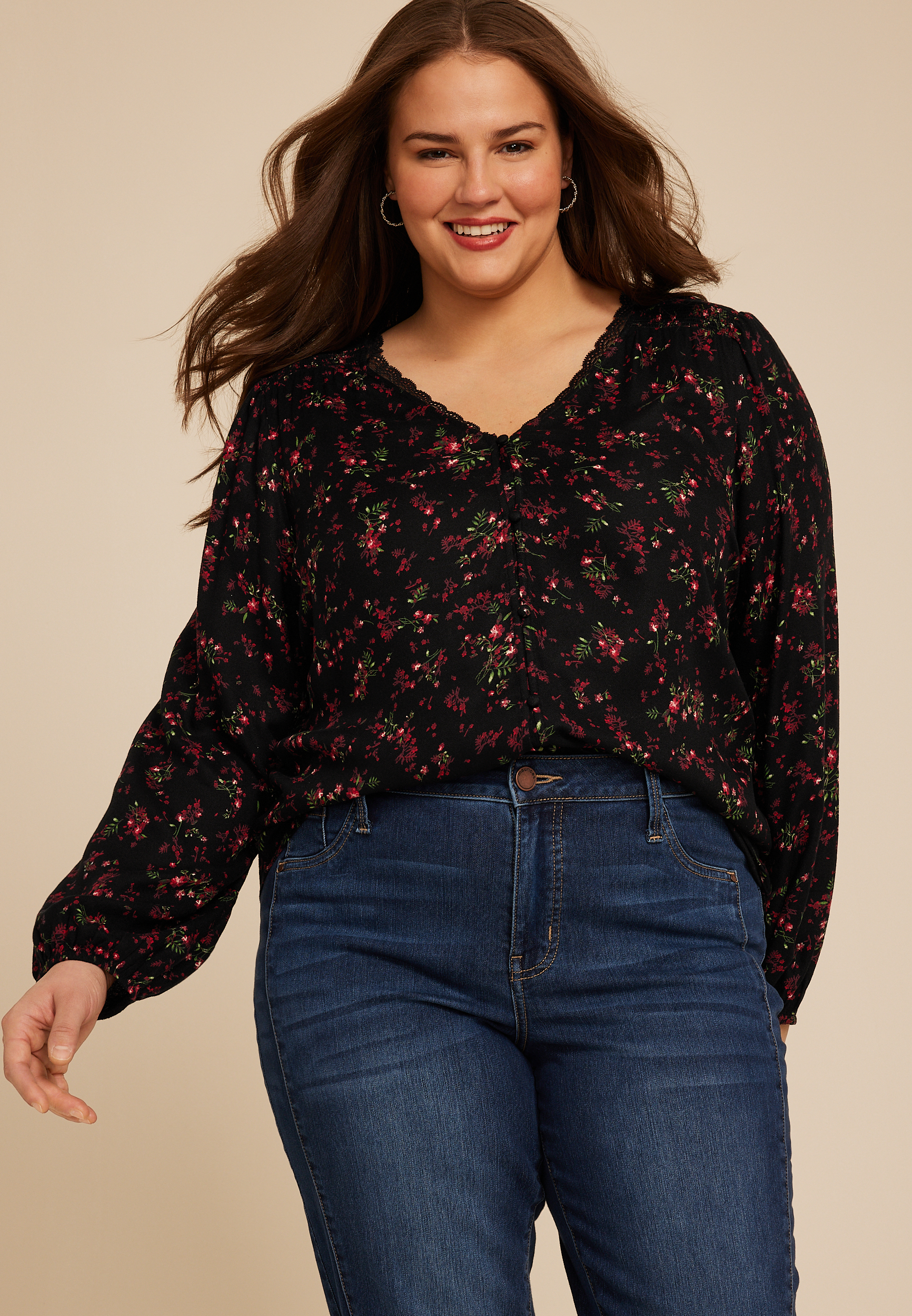 Plus Size Floral V Neck Lace Button Front Blouse