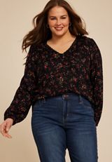 Plus Size Floral V Neck Lace Button Front Blouse, BLACK COMBO, small