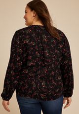 Plus Size Floral V Neck Lace Button Front Blouse, BLACK COMBO, small