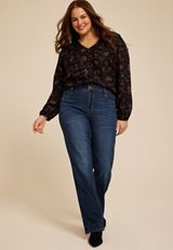 Plus Size Floral V Neck Lace Button Front Blouse, BLACK COMBO, small
