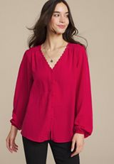 V Neck Lace Button Front Blouse, C4486, small