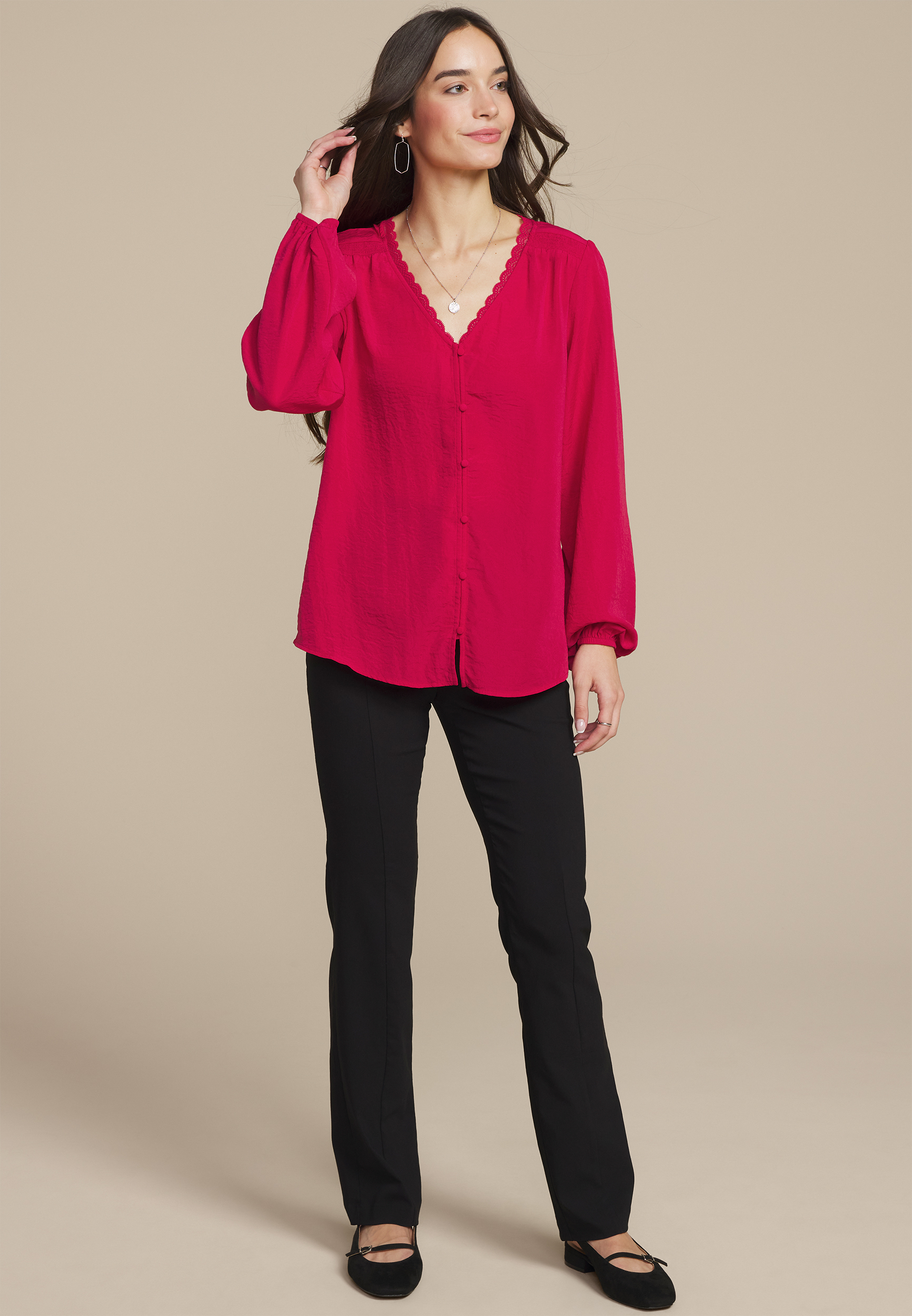 V Neck Lace Button Front Blouse maurices