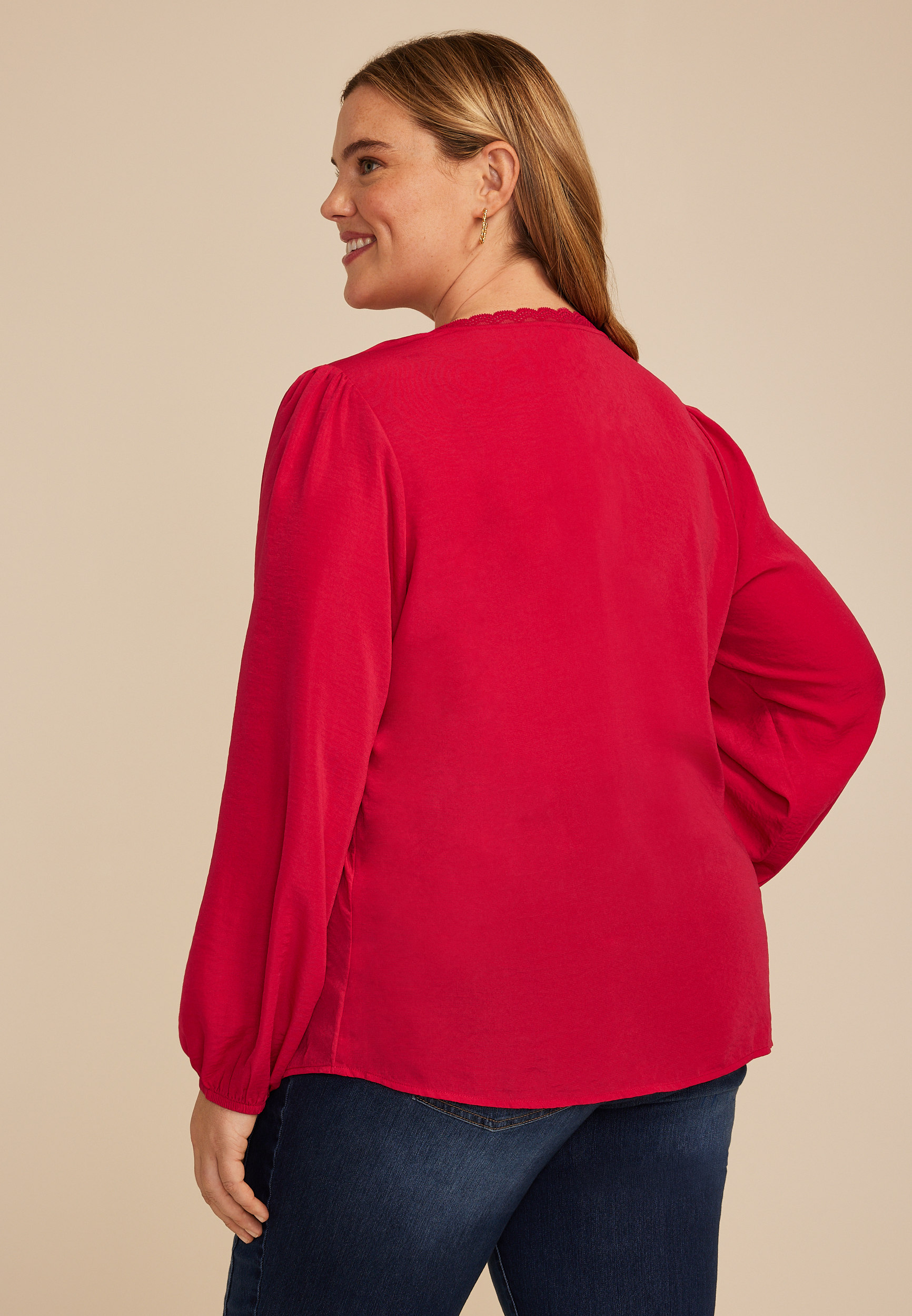 Plus Size V Neck Lace Button Front Blouse, C4486, large