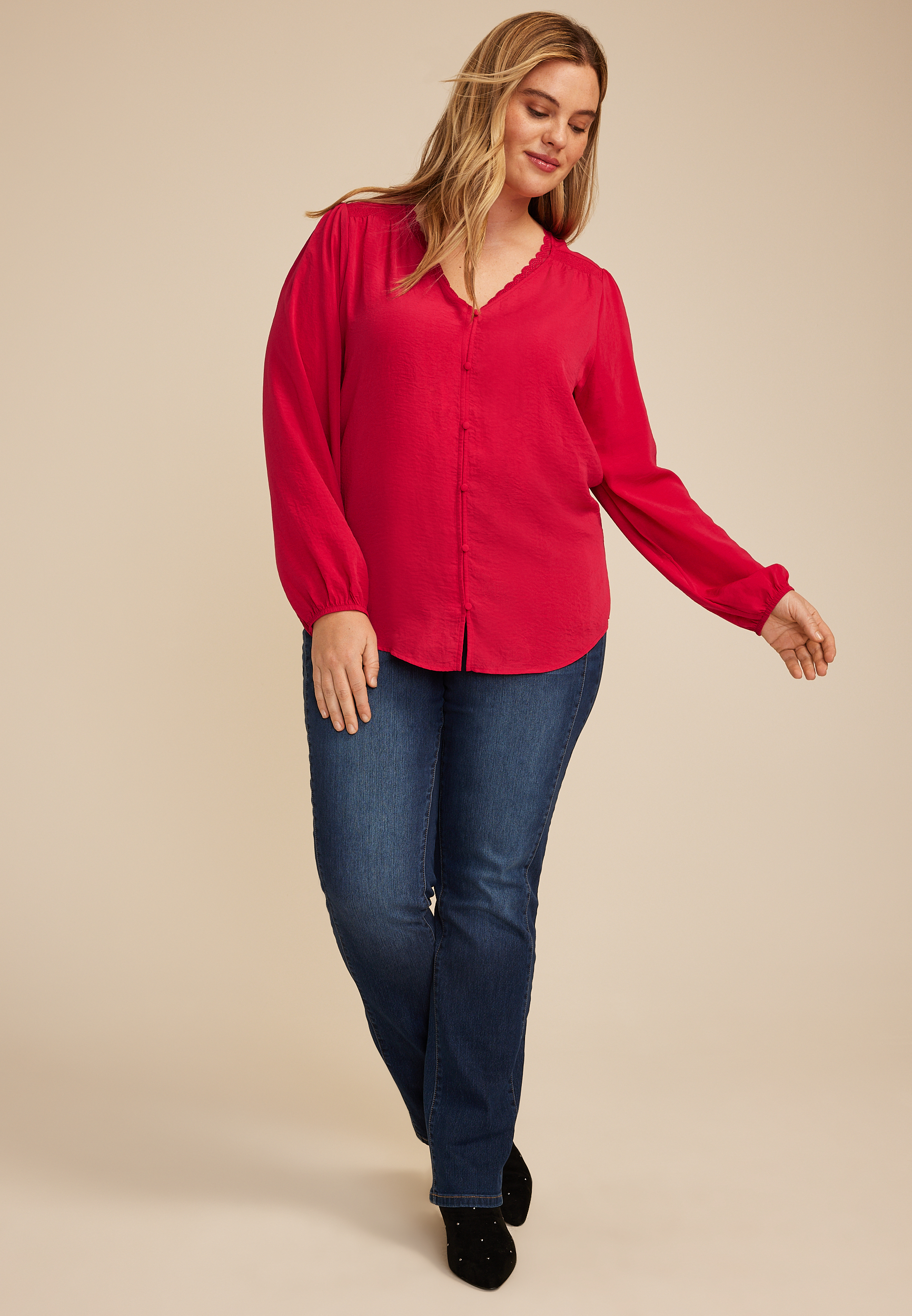 Plus Size V Neck Lace Button Front Blouse, C4486, large