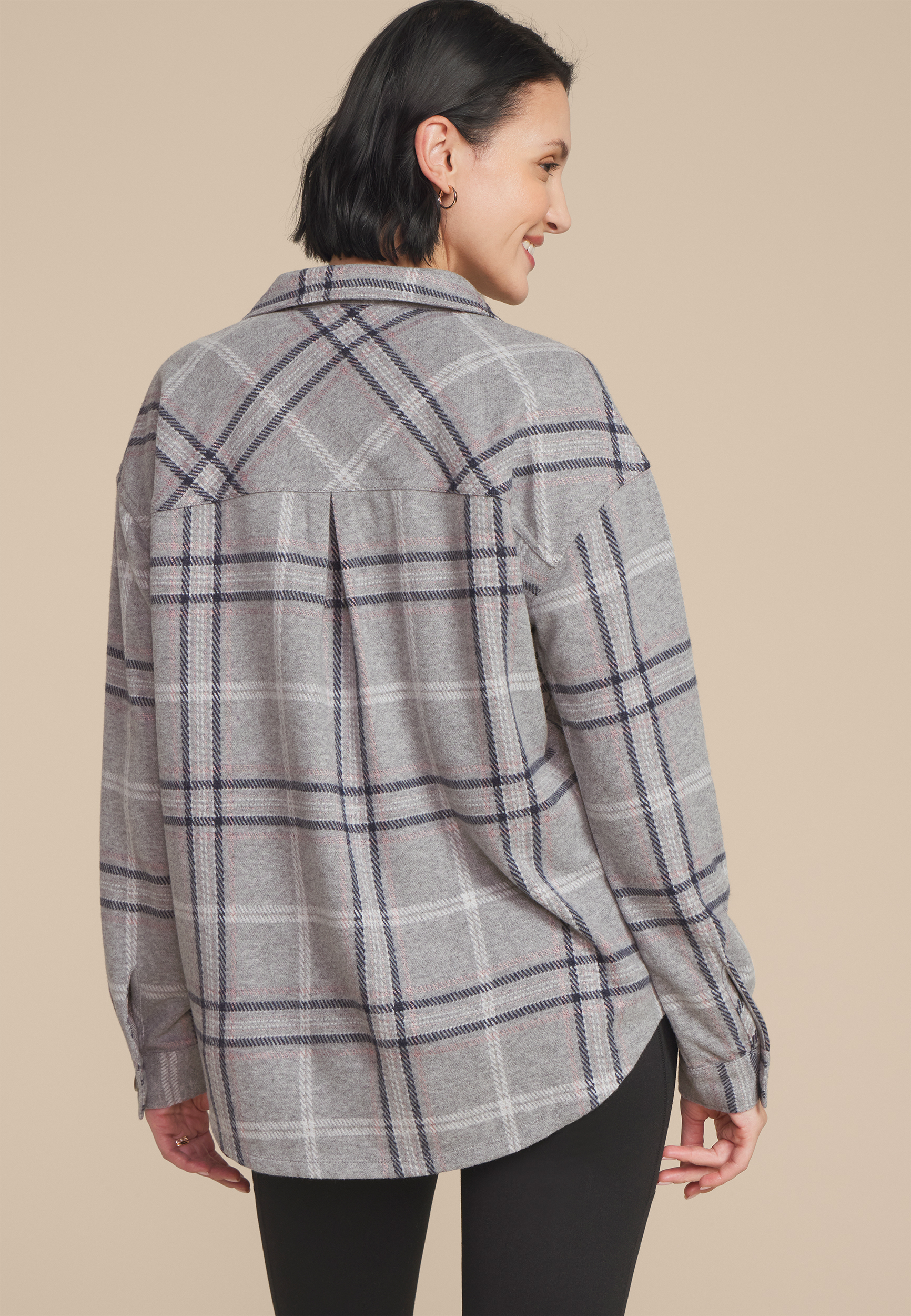 Plush Knit Plaid Boyfriend Button Down Shirt, C1942, large
