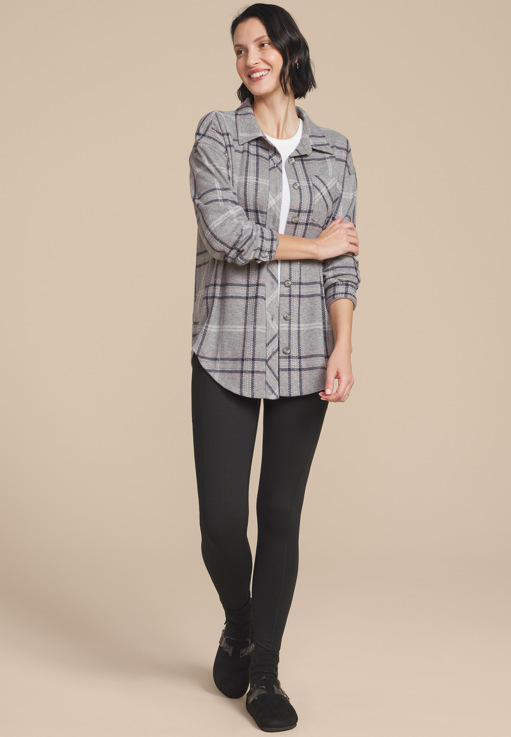 Plush Knit Plaid Boyfriend Button Down Shirt, C1942, large