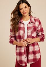 Plush Knit Plaid Boyfriend Button Down Shirt, C5485, small