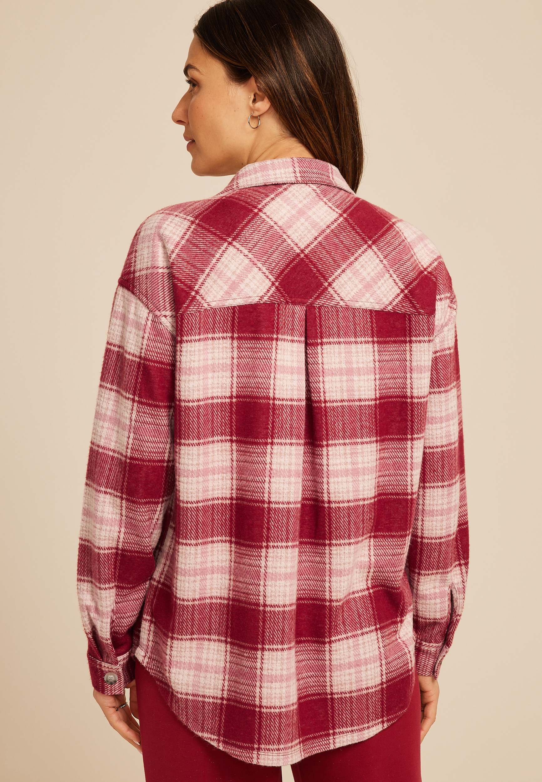 Plush Knit Plaid Boyfriend Button Down Shirt, C5485, large