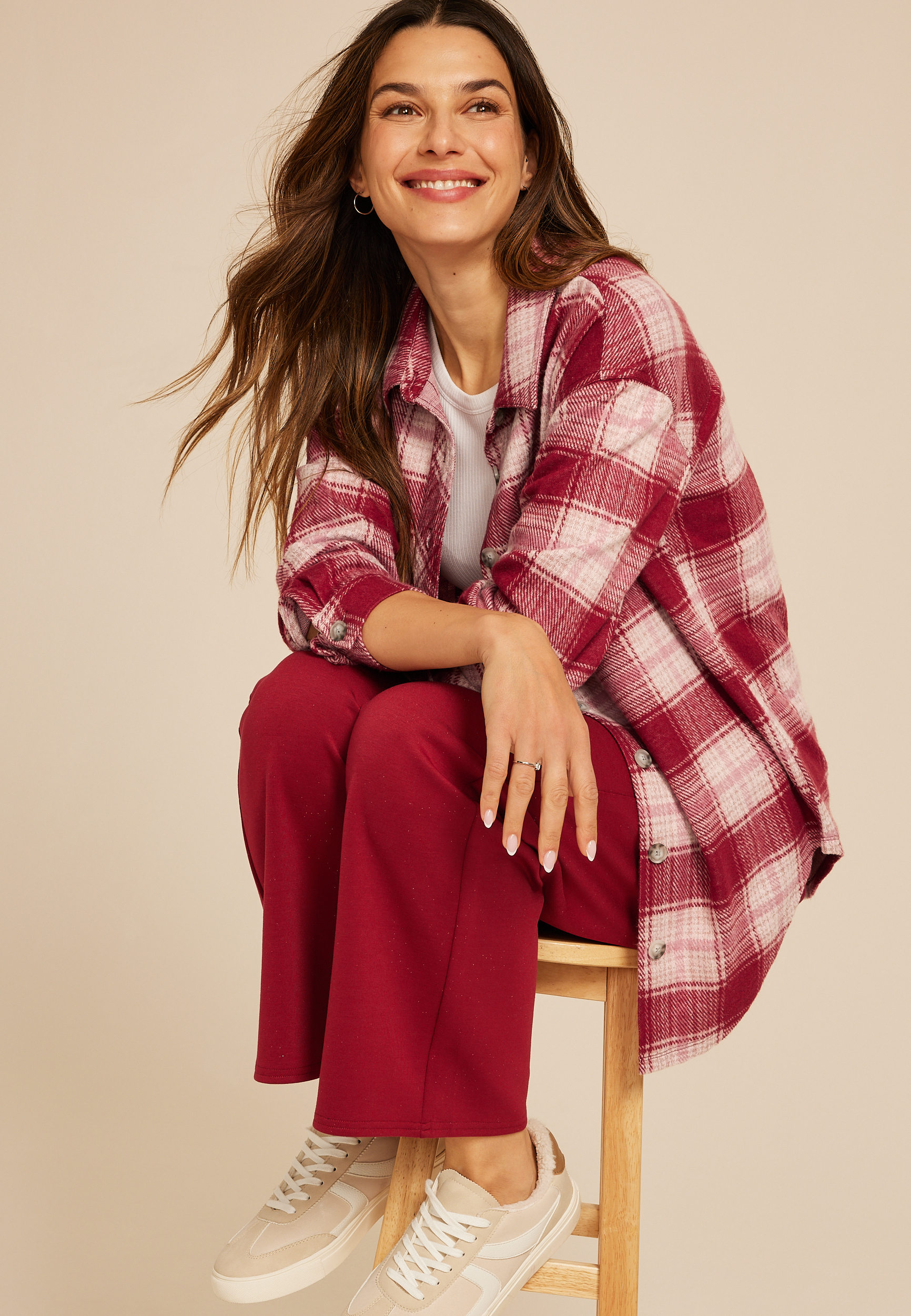 Plush Knit Plaid Boyfriend Button Down Shirt, C5485, large
