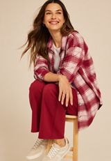 Plush Knit Plaid Boyfriend Button Down Shirt, C5485, small