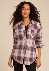 Plush Knit Plaid Boyfriend Button Down Shirt, C9028, small