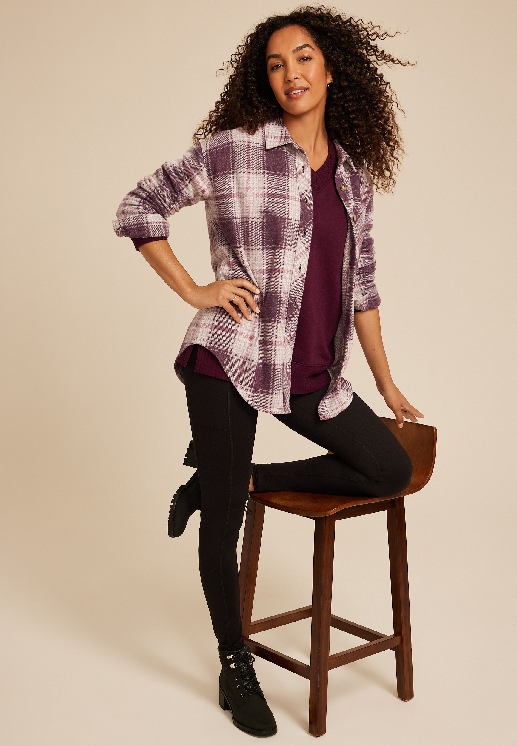 Plush Knit Plaid Boyfriend Button Down Shirt, C9028, large
