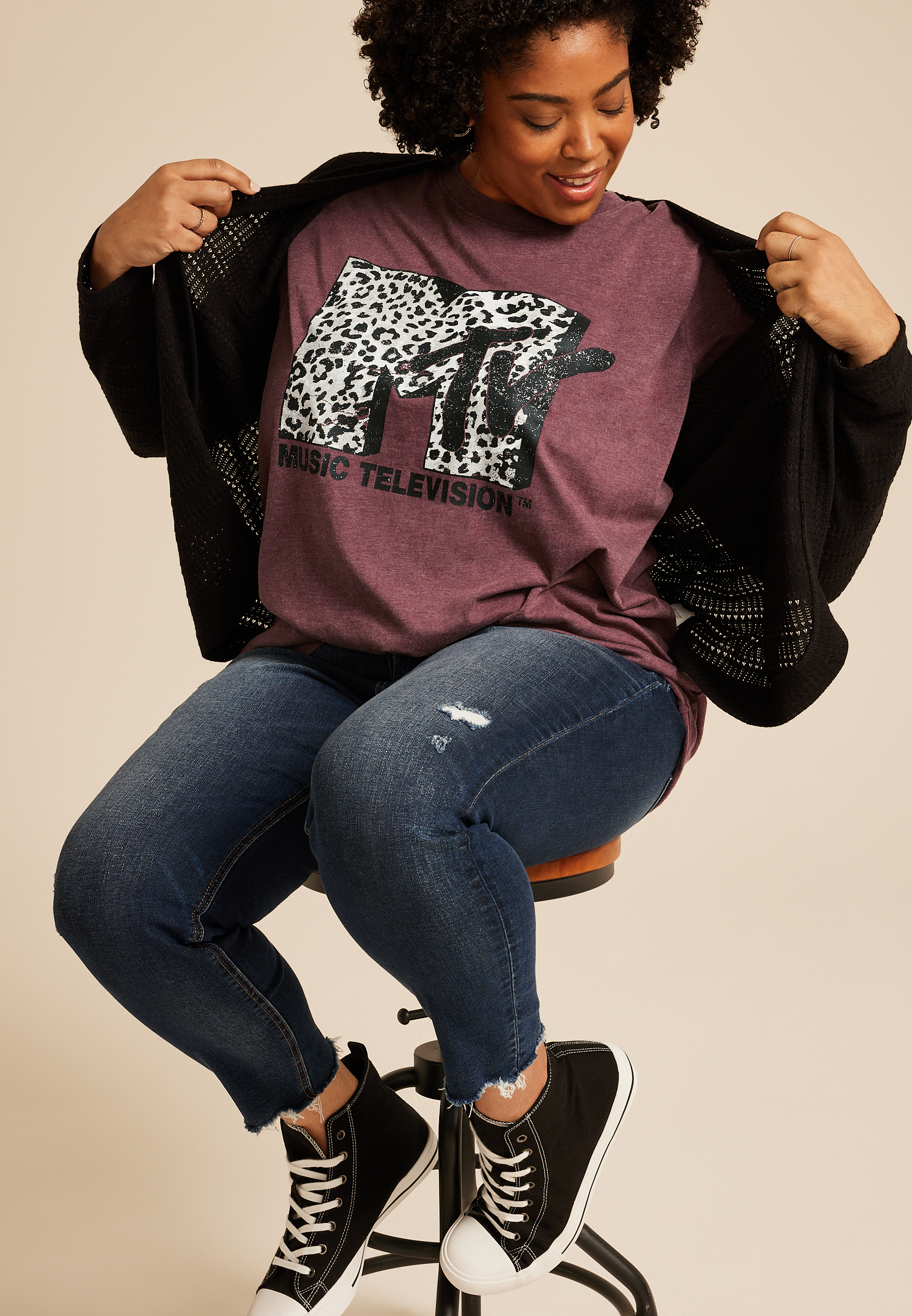 Plus Size MTV Animal Print Oversized Fit Graphic Tee, C830, large