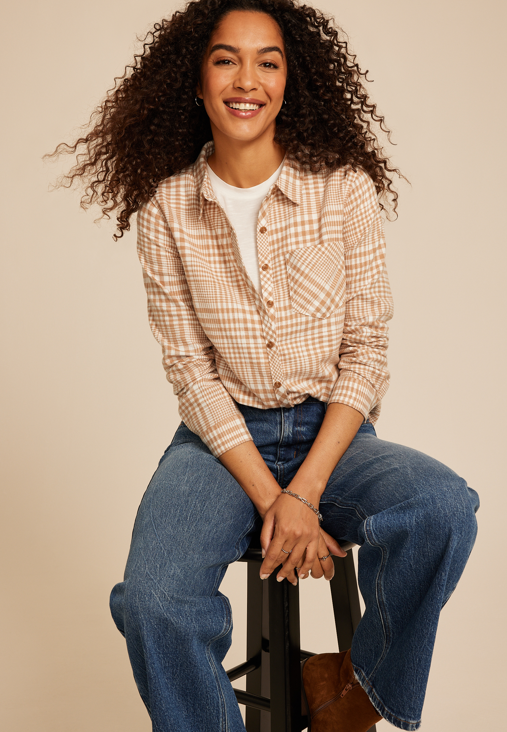 Cabin Plaid Classic Button Down Shirt, SAND GOLD COMBO, large