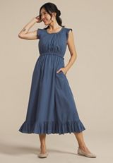 Ruffle Trim Scoop Neck Midi Dress, BERING SEA, small