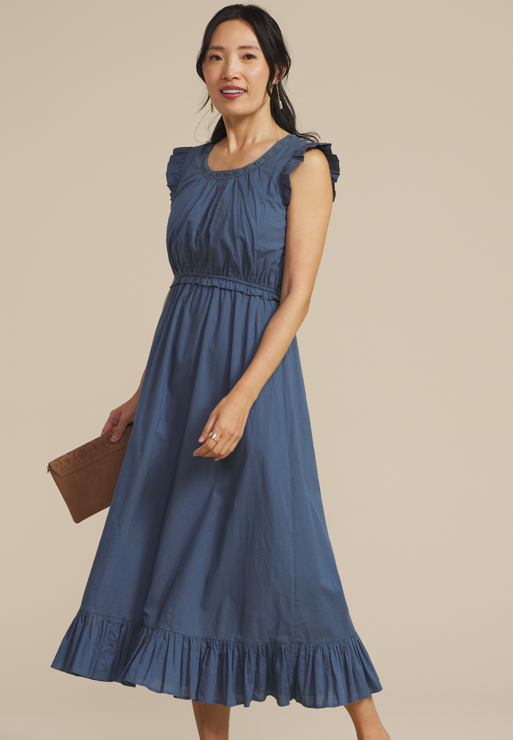 Ruffle Trim Scoop Neck Midi Dress, BERING SEA, large