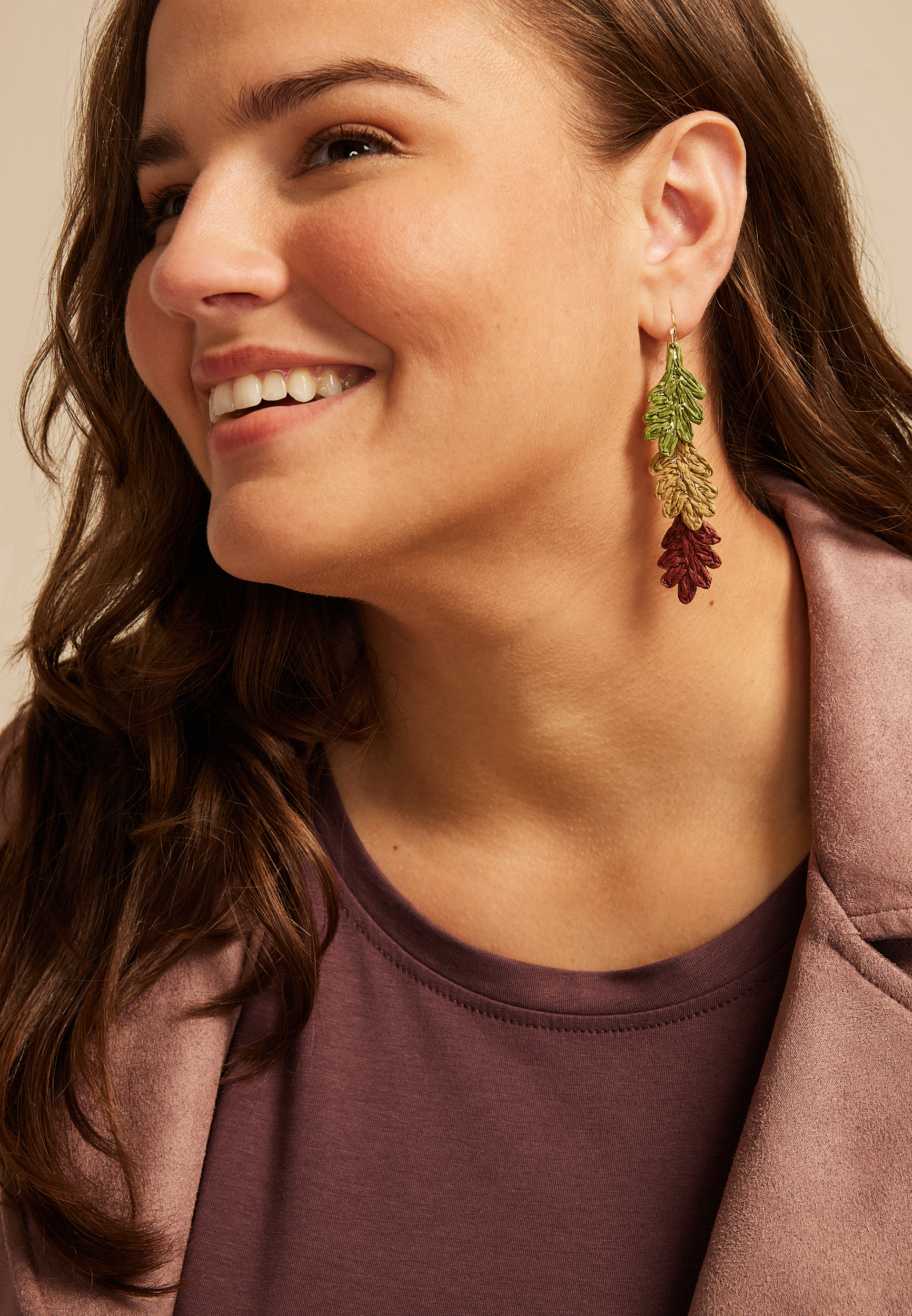 Triple Fall Leaf Raffia Drop Earrings, , large