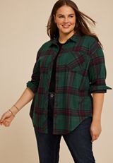 Plus Size Plush Knit Plaid Boyfriend Button Down Shirt, C3918, small