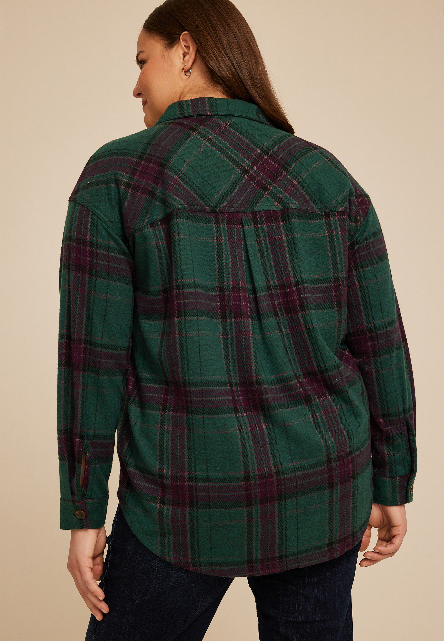 Plus Size Plush Knit Plaid Boyfriend Button Down Shirt, C3918, large