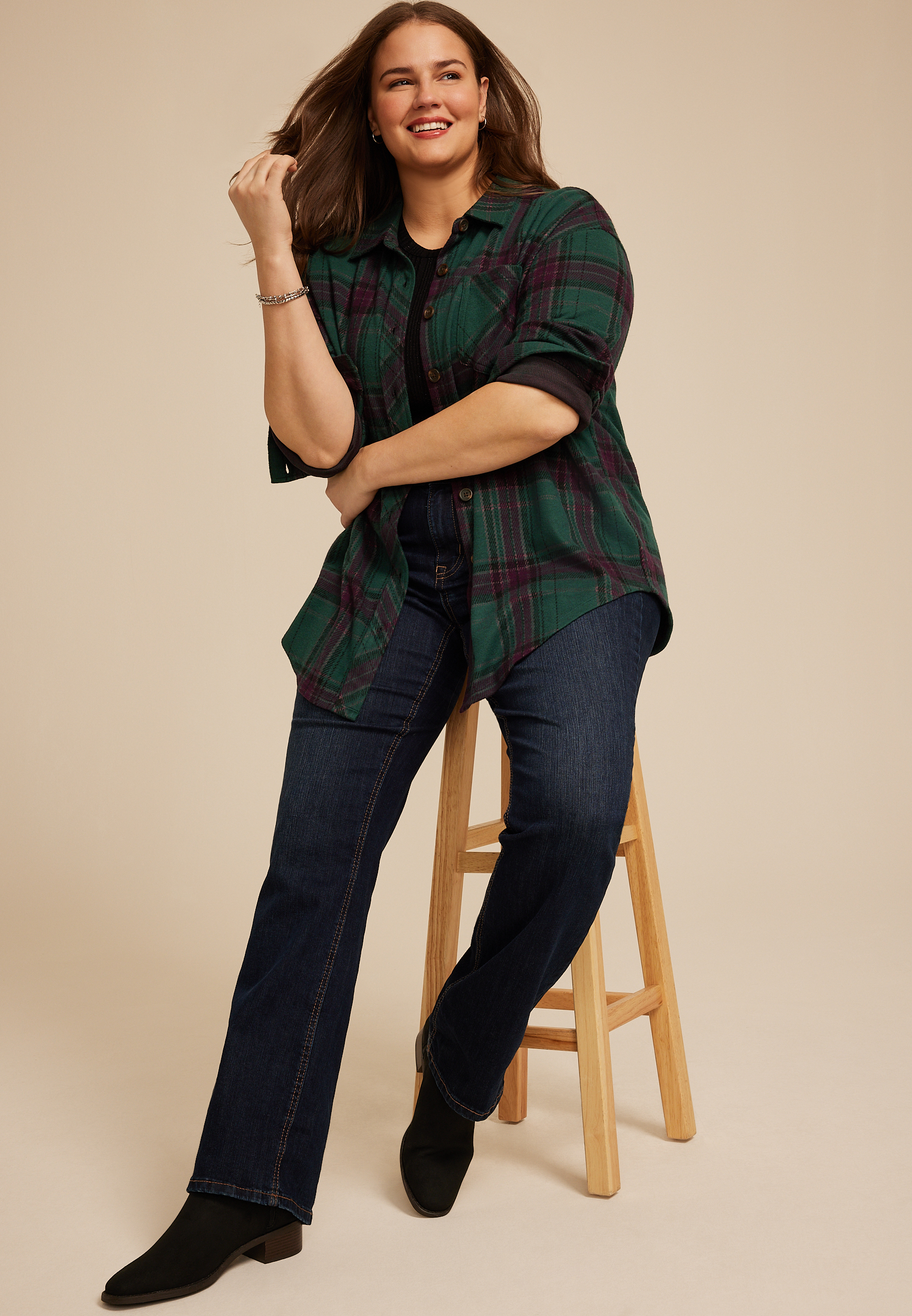 Plus Size Plush Knit Plaid Boyfriend Button Down Shirt, C3918, large